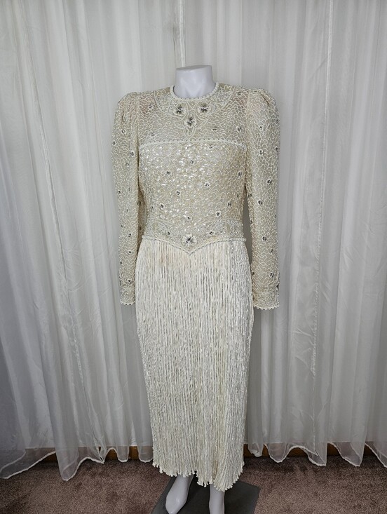 Mary McFadden Dresses & Skirts - Vintage Mary McFadden Couture Beaded Gown 80s Cream Marii Pleat Stunning Rare